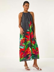 Roman Black Floral Print Watercolour Motif Midi Dress - Image 1 of 5
