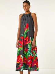 Roman Black Floral Print Watercolour Motif Midi Dress - Image 2 of 5