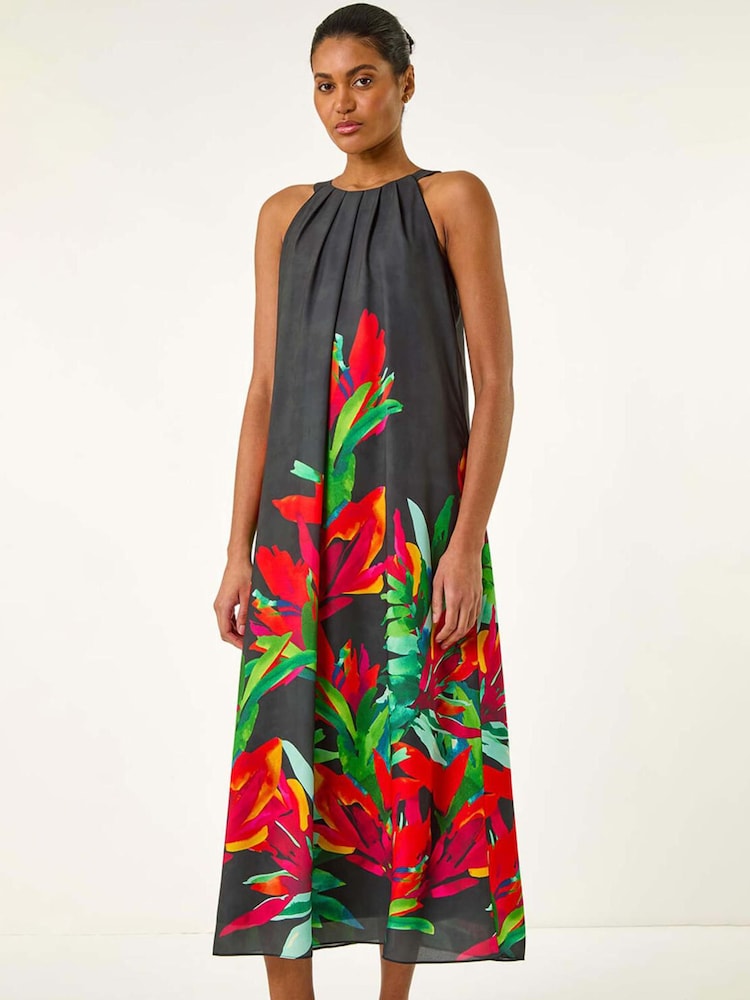 Roman Black Floral Print Watercolour Motif Midi Dress - Image 2 of 5