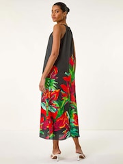 Roman Black Floral Print Watercolour Motif Midi Dress - Image 3 of 5