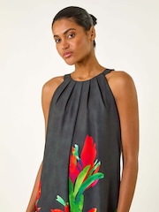 Roman Black Floral Print Watercolour Motif Midi Dress - Image 4 of 5