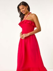 Roman Pink Frill Shirred Bandeau Midi Dress - Image 1 of 5