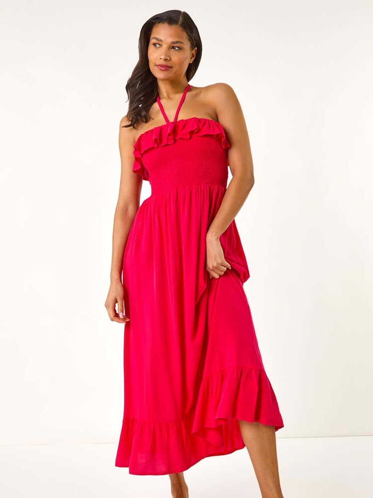 Roman Pink Frill Shirred Bandeau Midi Dress - Image 2 of 5