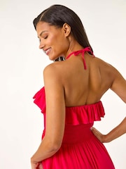 Roman Pink Frill Shirred Bandeau Midi Dress - Image 4 of 5