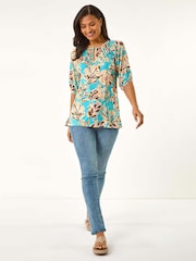 Roman Blue Printed Keyhole Front Stretch Top - Image 1 of 5