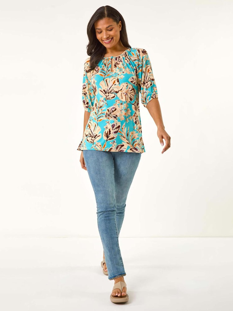 Roman Blue Printed Keyhole Front Stretch Top - Image 1 of 5