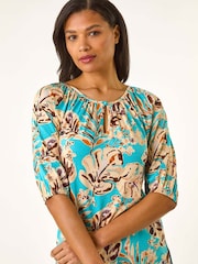 Roman Blue Printed Keyhole Front Stretch Top - Image 4 of 5