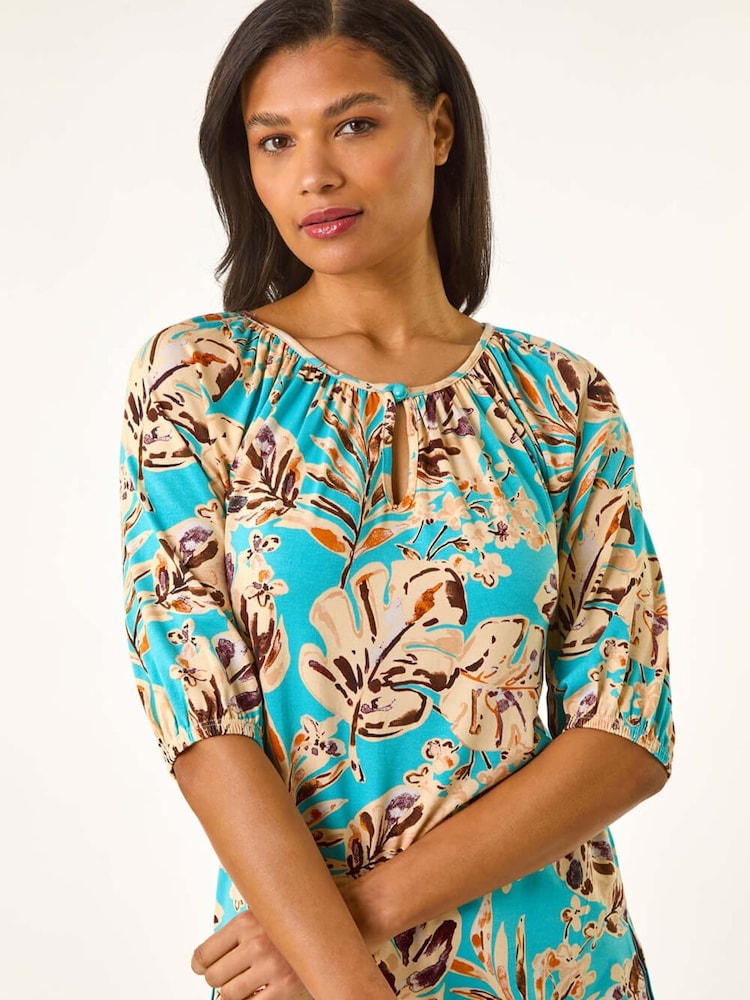 Roman Blue Printed Keyhole Front Stretch Top - Image 4 of 5