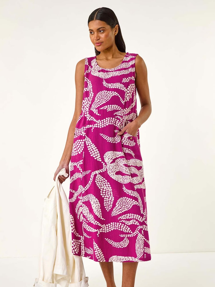 Roman Pink Leaf Print Shift Midi Dress - Image 1 of 5