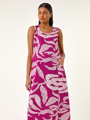 Roman Pink Leaf Print Shift Midi Dress - Image 2 of 5
