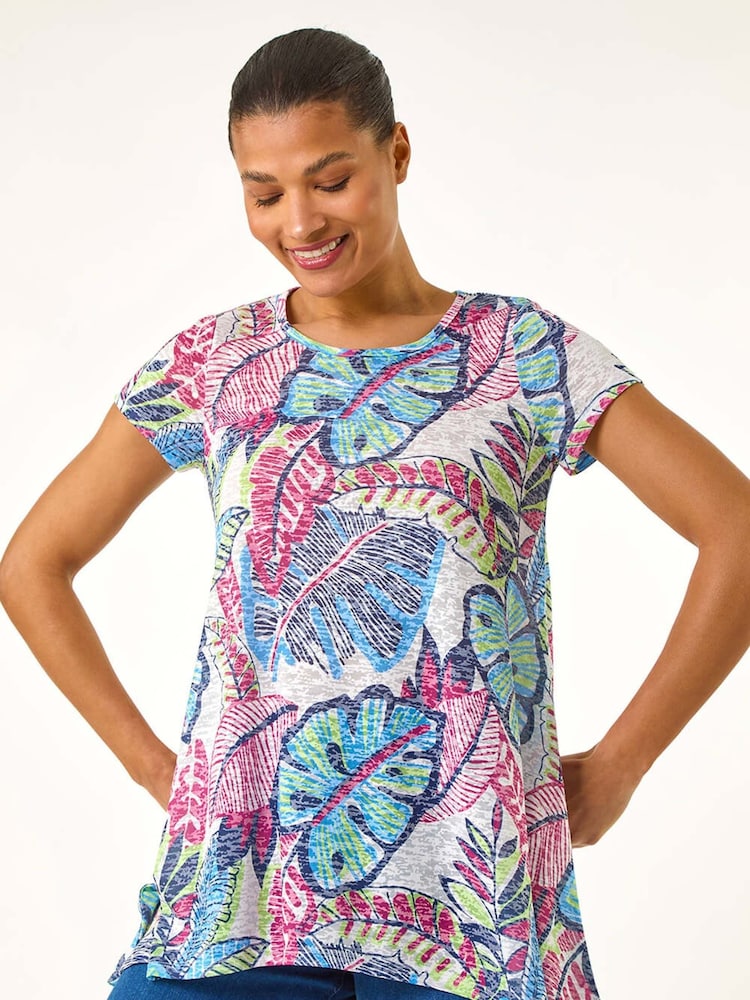 Roman Blue Tropical Leaf Print Burnout T-Shirt - Image 2 of 5