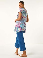 Roman Blue Tropical Leaf Print Burnout T-Shirt - Image 3 of 5