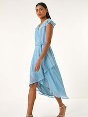 Roman Blue Shimmer Plisse Wrap Dress - Image 1 of 5