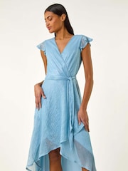 Roman Blue Shimmer Plisse Wrap Dress - Image 2 of 5
