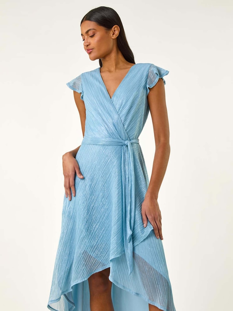 Roman Blue Shimmer Plisse Wrap Dress - Image 2 of 5