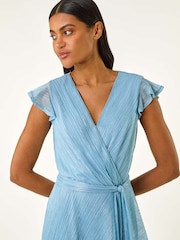 Roman Blue Shimmer Plisse Wrap Dress - Image 4 of 5