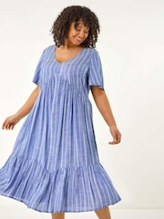 Roman Blue Curve Stripe Print V-Neck Midi Dress - Image 1 of 5