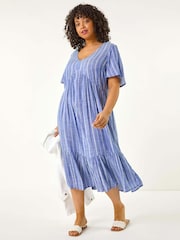 Roman Blue Curve Stripe Print V-Neck Midi Dress - Image 2 of 5