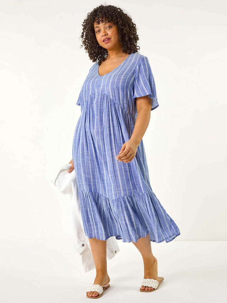 Roman Blue Curve Stripe Print V-Neck Midi Dress - Image 2 of 5
