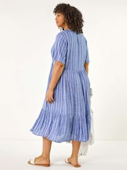 Roman Blue Curve Stripe Print V-Neck Midi Dress - Image 3 of 5