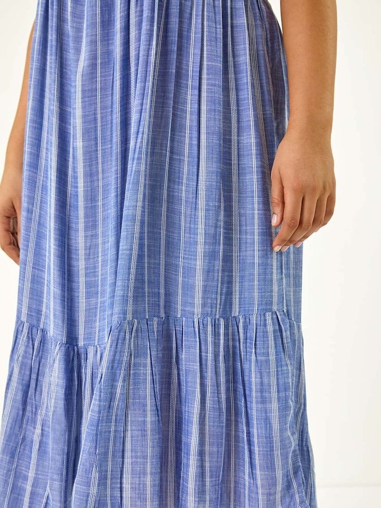 Roman Blue Curve Stripe Print V-Neck Midi Dress - Image 5 of 5