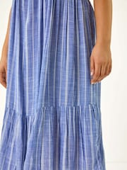 Roman Blue Curve Stripe Print V-Neck Midi Dress - Image 6 of 6