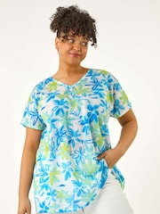 Roman Blue Curve V-Neck Floral Blouse - Image 1 of 5