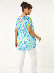 Roman Blue Curve V-Neck Floral Blouse - Image 3 of 5