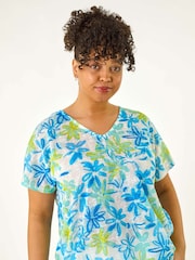 Roman Blue Curve V-Neck Floral Blouse - Image 4 of 5