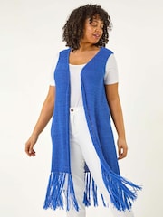 Roman Blue Curve Crochet Knit Tassel Cardigan - Image 1 of 5