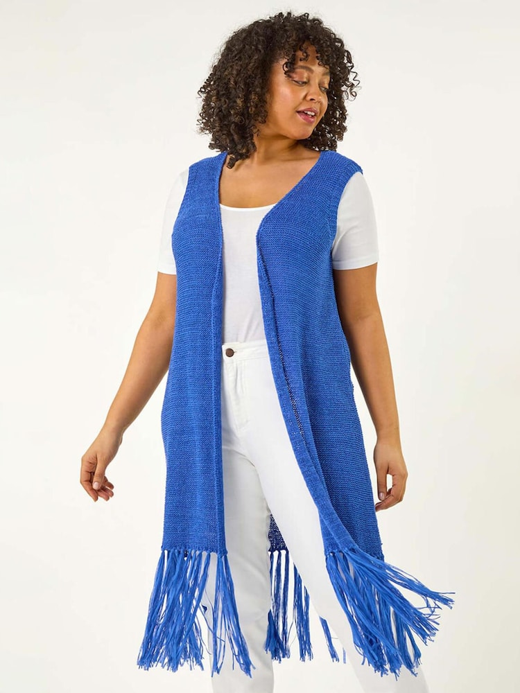 Roman Blue Curve Crochet Knit Tassel Cardigan - Image 1 of 5