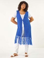 Roman Blue Curve Crochet Knit Tassel Cardigan - Image 2 of 5