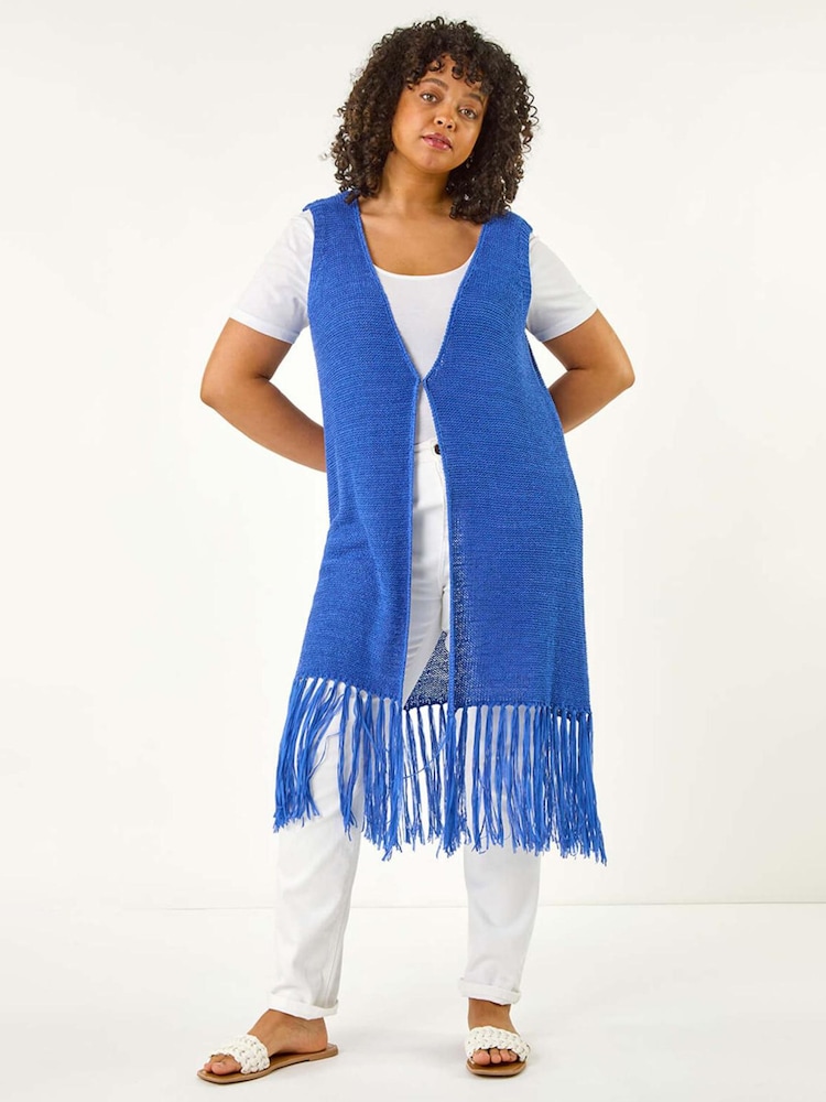 Roman Blue Curve Crochet Knit Tassel Cardigan - Image 2 of 5
