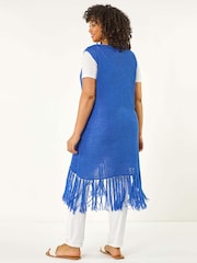 Roman Blue Curve Crochet Knit Tassel Cardigan - Image 3 of 5