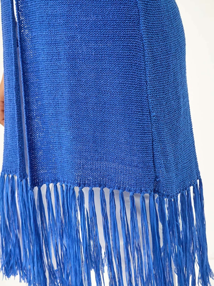 Roman Blue Curve Crochet Knit Tassel Cardigan - Image 5 of 5
