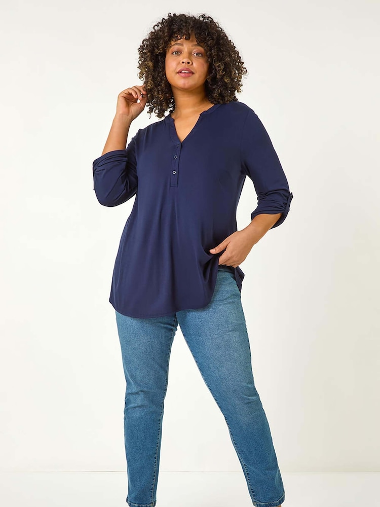Roman Blue Curve Buttoned Stretch Blouse - Image 2 of 5 Roman Blue Curve Buttoned Stretch Blouse - Image 2 of 5