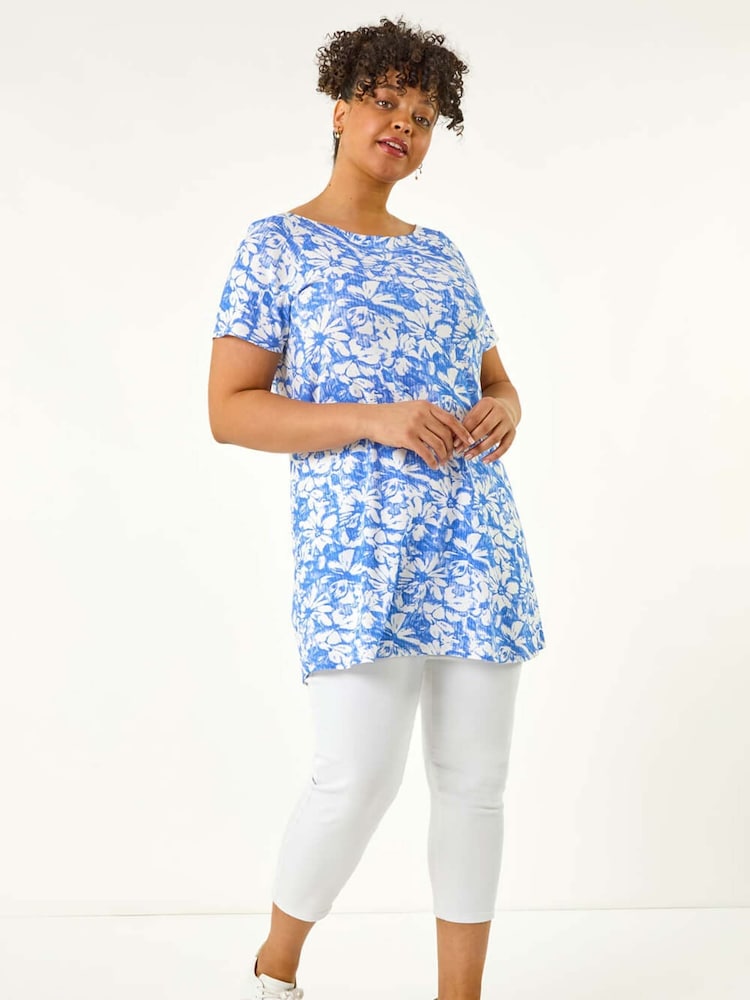 Roman Blue Curve Bardot Floral Stretch T-Shirt - Image 2 of 5