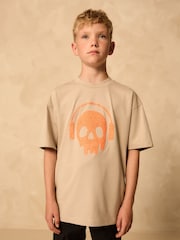 Stone/Orange Skull Relaxed Fit Short Sleeve Graphic Print T-Shirt (3-16yrs) - Image 1 of 7