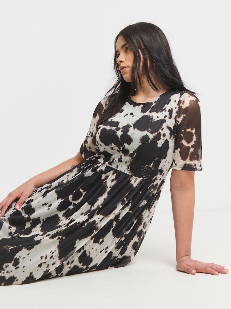 Simply Be Black/white Cow Print Mesh Midi Dress - Image 4 of 4