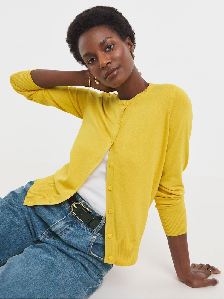 JD Williams Yellow Ribbed Crew Neck Cardigan - Image 1 of 4 JD Williams Yellow Ribbed Crew Neck Cardigan - Image 1 of 4
