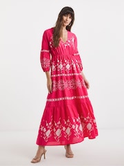 JD Williams Pink 100% Cotton Embroidered Smock Dress - Image 1 of 4