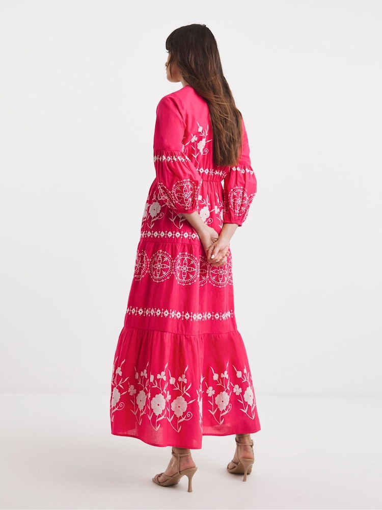 JD Williams Pink 100% Cotton Embroidered Smock Dress - Image 2 of 4