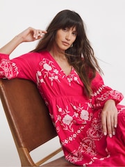 JD Williams Pink 100% Cotton Embroidered Smock Dress - Image 3 of 4