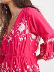 JD Williams Pink 100% Cotton Embroidered Smock Dress - Image 4 of 4