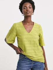 JD Williams Green Angel Sleeve V-Neck Broderie 100% Cotton Top - Image 1 of 4