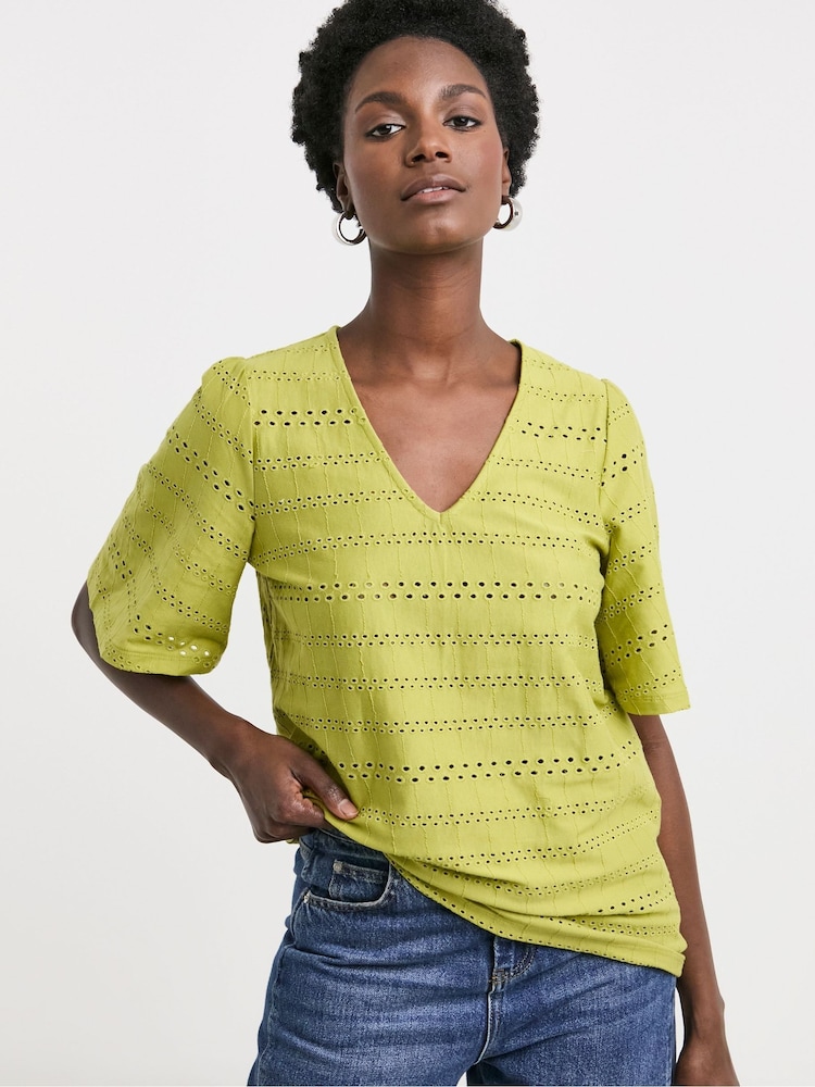 JD Williams Green Angel Sleeve V-Neck Broderie 100% Cotton Top - Image 1 of 4 JD Williams Green Angel Sleeve V-Neck Broderie 100% Cotton Top - Image 1 of 4