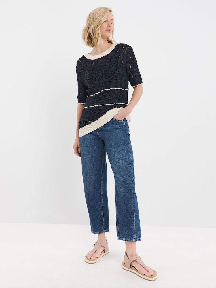 JD Williams Blue Contrast Trim Crochet Short Sleeve Jumper - Image 2 of 4 JD Williams Blue Contrast Trim Crochet Short Sleeve Jumper - Image 2 of 4