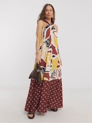 JD Williams Brown Border Print Halter Volume Maxi Dress - Image 1 of 5