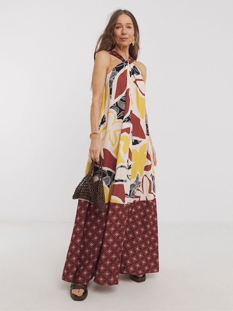 JD Williams Brown Border Print Halter Volume Maxi Dress - Image 2 of 5