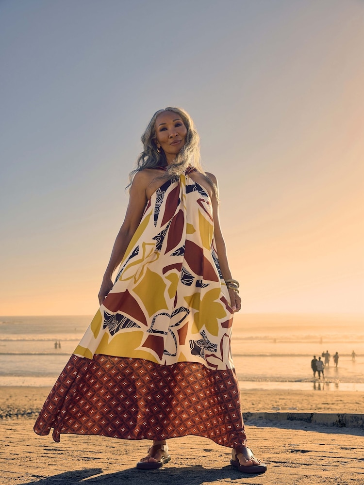 JD Williams Brown Border Print Halter Volume Maxi Dress - Image 5 of 5